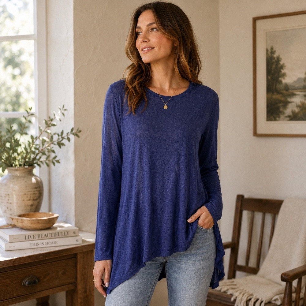 BCBGMAXAZRIA Shae High-Low Tunic‎ Top Navy Blue Silk Blend Long Sleeve M